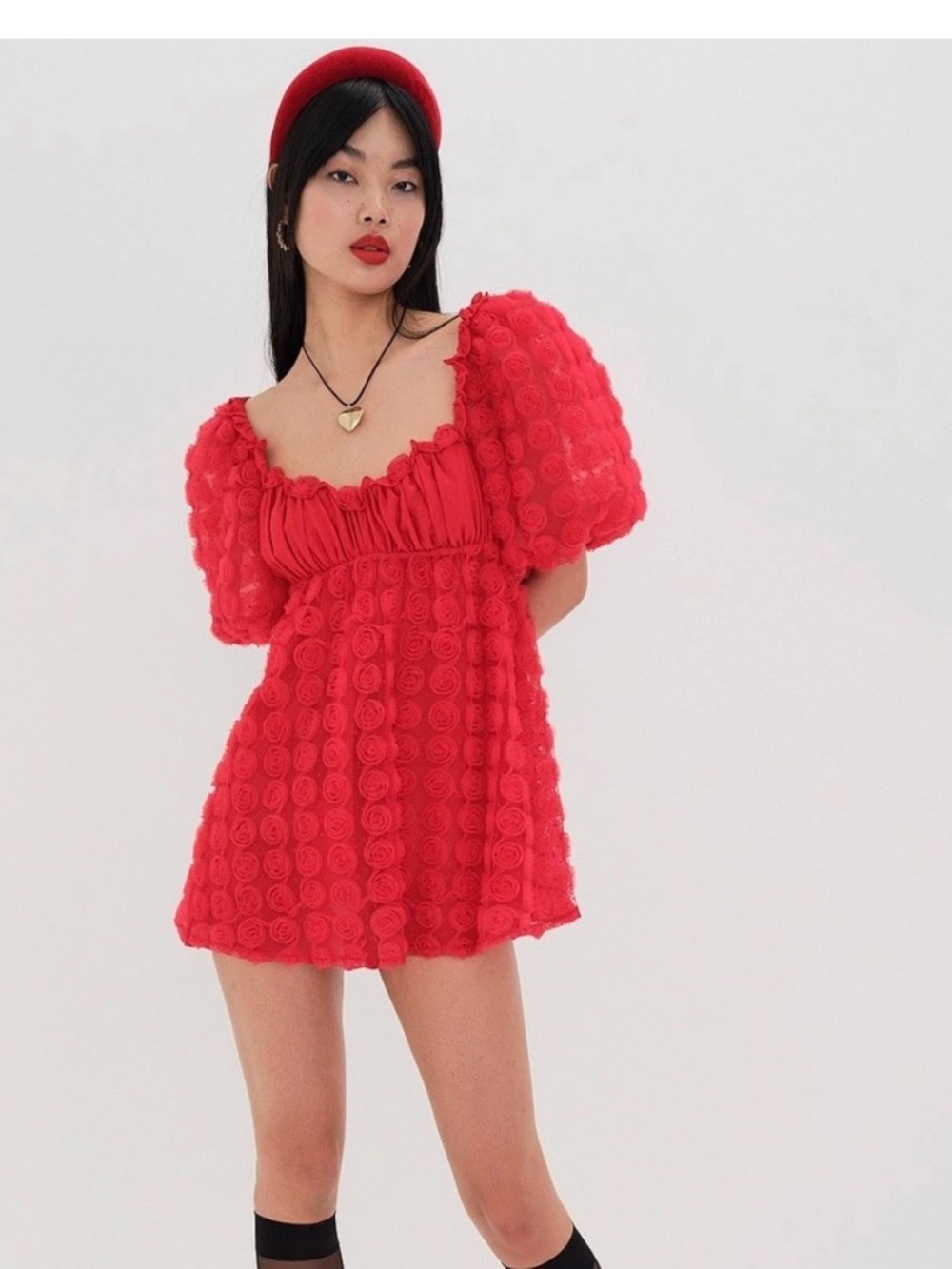 For Love & Lemons Red Rosette Puff-Sleeve Mini Dress